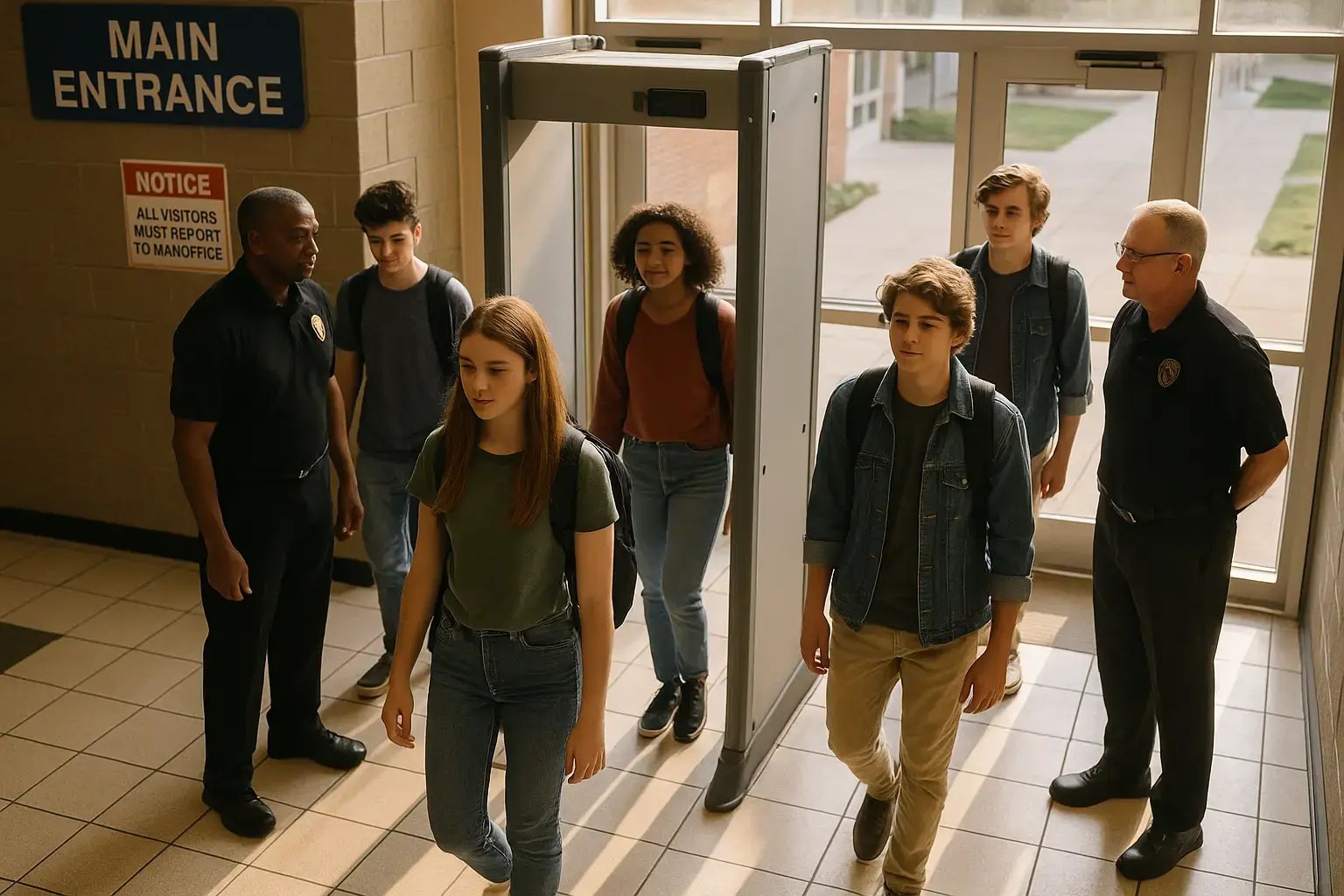 students entering school through a metal detector