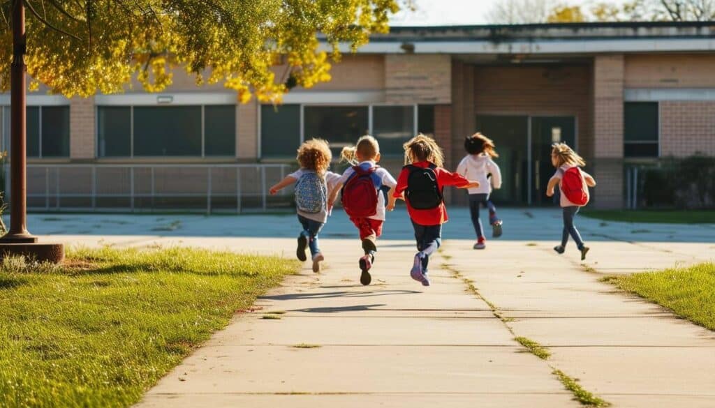 An image of a school yard and kids running to the building 1