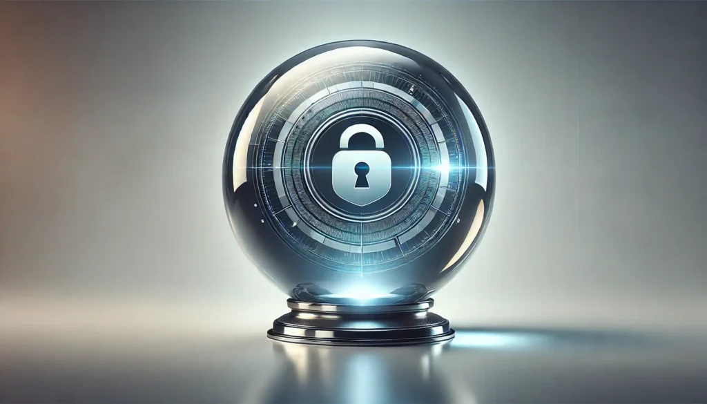 DALL·E 2024 12 17 14.54.17 A horizontal graphic 1600 pixels wide featuring a large crystal ball in the center of the image. Inside the crystal ball is a sleek security emblem