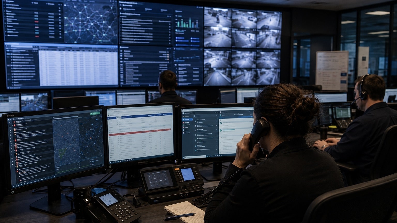 Security operations center with multiple monitors