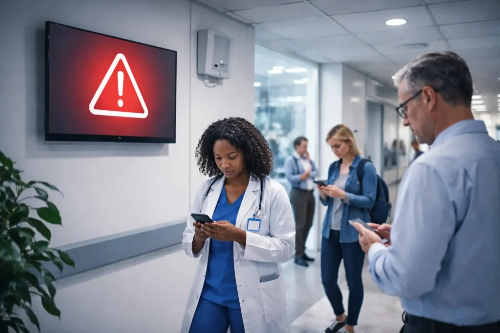 hospital hallway with digital alert system ()